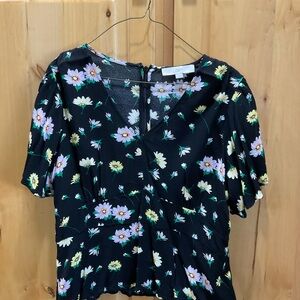 LOFT Black and Blue Ruffled Blouse with Buttoned Details